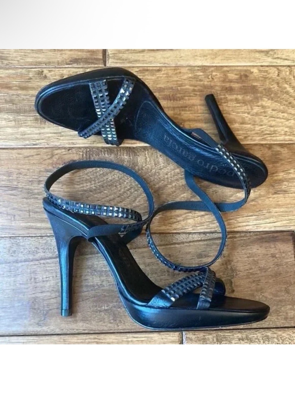 Pedro Garcia Swarovski Crystal Black Stiletto Sandal Heels Size 38.5 / US 8.5